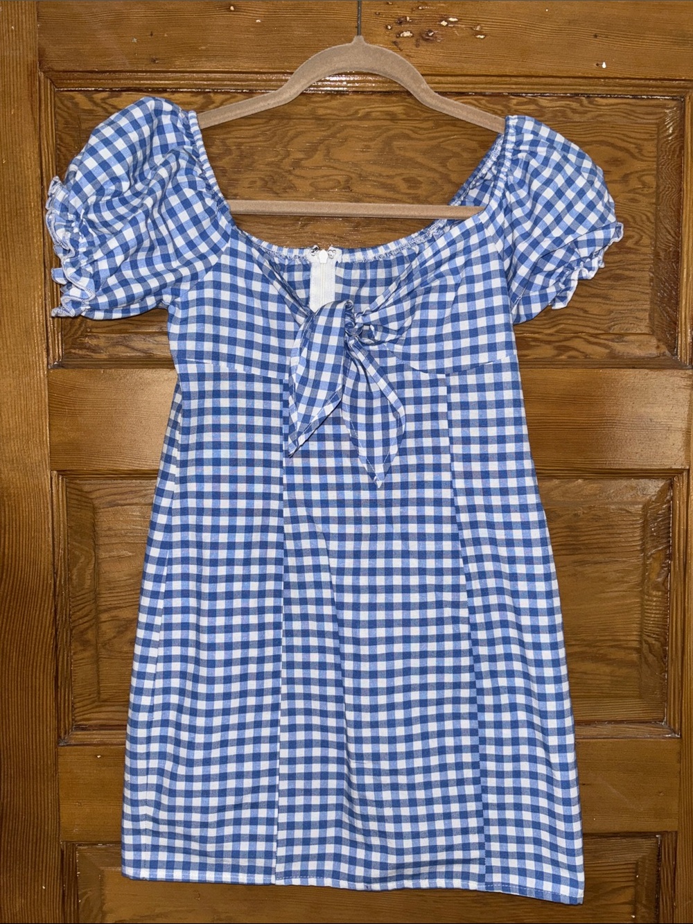 SHEIN Blue and White Gingham Tie-Front Puff Sleeve Dress